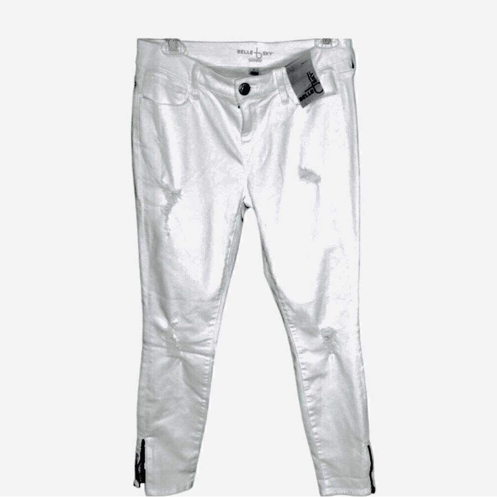 BELLE SKY Women’s Off White/Winter White Ripped Skinny Jeans Zipper Legs Size: 4